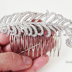 Feather Hair Comb, Silver Rhinestone Feather Hair Comb, Vintage Style Bridal Comb, Bride Hair Comb, Silver Hair Comb for Bride