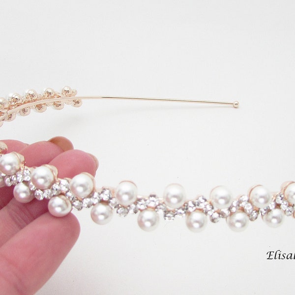 Rose Gold Wedding Hairband, Ivory White Pearl Embellished Hairband for Wedding, Rose Gold Pearl Bridal Headband, Wedding Day Hairband