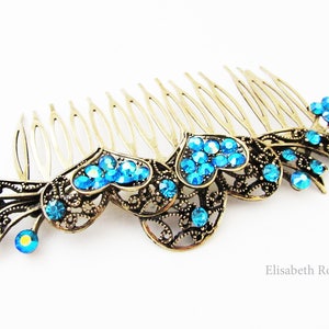 Blue Bridal Hair Comb, Blue Hair Comb for Wedding, Gold Hair Comb, Large Comb for Wedding Hair, Blue Crystal Hair Comb, Blue Comb