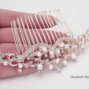 Pearl and Rose Gold Wedding Hair Comb, Princess Style Pearl Hair Jewellery for Wedding, Large Rose Gold Hair Comb for Bride, Wedding Comb