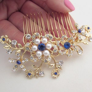 Blue Wedding Hair Comb, Gold Crystal Hair Comb for Bride, Blue Colour Hair Comb, Something Blue Wedding Hair Comb