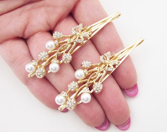 Gold Floral Style Hair Clips, Set of 2 Hair Clips for Bride, Wedding Day Hair Pins, Pearl Hair Clips for Wedding, Bridal Hair Pins