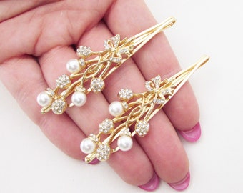 Gold Floral Style Hair Clips, Set of 2 Hair Clips for Bride, Wedding Day Hair Pins, Pearl Hair Clips for Wedding, Bridal Hair Pins