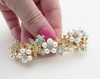 Pearl Hair Barrette, Gold Crystal Hair Clip for Bride, Wedding Day Hair Barrette, Floral Hair Clip, Curved Pearl Flower Hair Clip