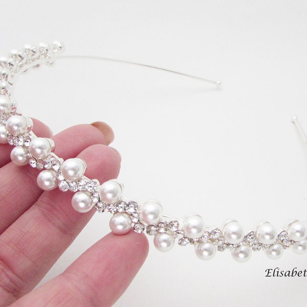 Wedding Hairband, White Pearl Embellished Hairband for Wedding, Pearl Bridal Headband, Wedding Day Hairband, Pearl Wedding Hair Tiara