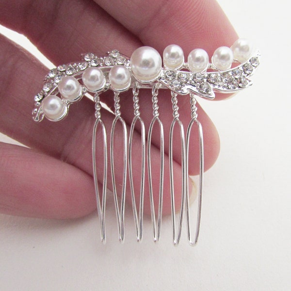Small Silver and White Pearl Hair Pin, Silver Hair Comb for Wedding, Bridal Pearl Hair Comb, Small Silver Hair Pins for Bridemaids