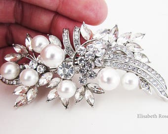 Rhinestone and White Pearl Bridal Hair Barrette, Crystal and Pearl Hair Clip for Bride, Wedding Day Hair Barrette, Bridal Pearl Hair Clip