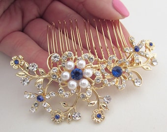 Gold Wedding Hair Comb: Blue Crystal Pearl Bridal Hairpiece