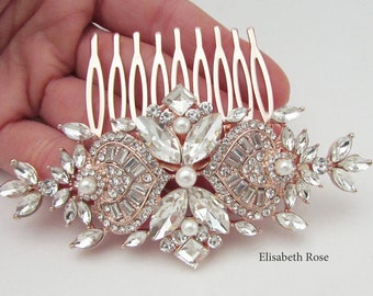 Rose Gold Art Deco Style Hair Comb, Elegant Rose Gold Hair Comb for Wedding, Bridal Hair Comb, Rose Gold Hair Comb, Crystal Hair Comb