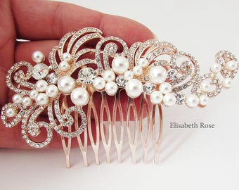 Rose Gold Wedding Hair Comb, Pearl Hair Jewelry for Wedding, Rose Gold Bride Hair Comb, Pearl Hair Comb, Rose Gold Art Deco Bridal Hair Comb