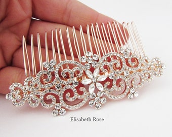 Decorative Hair Comb, Rose Gold Crystal Hair Comb for Bride, Wedding Day Hair Comb, Large Rose Gold Crystal and Rhinestone Hair Comb