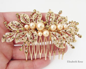 Gold and Blush Pearl Bridal Hair Comb, Gold Leaf Design Hair Comb for Wedding, Bridal Hair Comb, Wedding Hair Piece, Gold Hair Comb