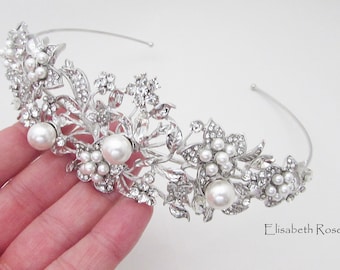 Silver Pearl Bridal Hairband: Rhinestone Wedding Tiara, White Pearl Headband Bride