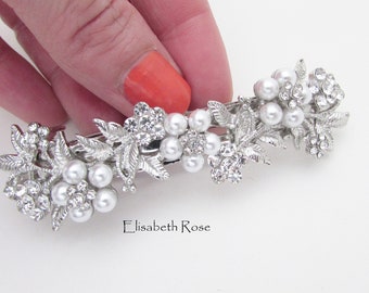 A Beautiful Silver Grey Pearl And Diamanté Metal Barrette Hair Clip 