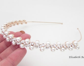 Rose Gold Bruiloft Haarband, Ivoor Witte Parel Verfraaid Haarband voor Bruiloft, Rose Gold Pearl Bruids Hoofdband, Trouwdag Haarband