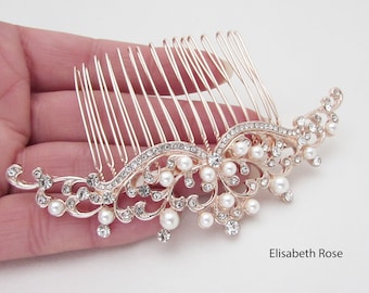 Rose Gold Pearl Wedding Hair Comb: Rhinestone Bridal Hair Accessory