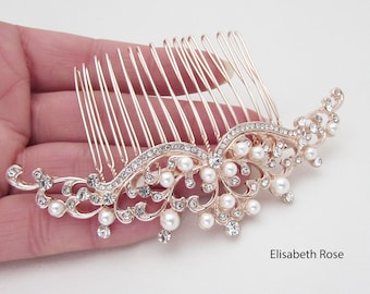 Pearl and Rose Gold Wedding Hair Comb, Princess Style Pearl Hair Jewellery for Wedding, Large Rose Gold Hair Comb for Bride, Wedding Comb