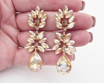 Beige Crystal Earrings: Long Champagne Teardrop Jewelry / Jewellery
