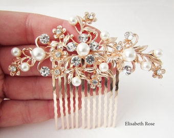 Decorative Rose Gold Wedding Hair Comb, Rose Gold and Pearl Hair Comb for Wedding, Gold Bridal Hair Comb, Wedding Day Rose Gold Hair Comb