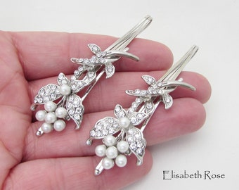 Floral Pearl Bridal Hair Pins: Crystal Wedding Hair Clips (Set of 2)