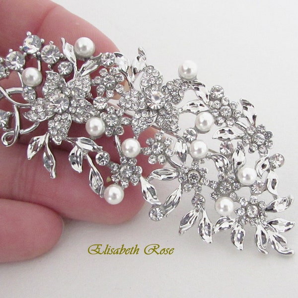 Brooch de mariage en argent floral, brooch de cheveux de perles d’argent et de blanc pour le mariage, broche de mariée d’argent, brooch floral de jour de mariage