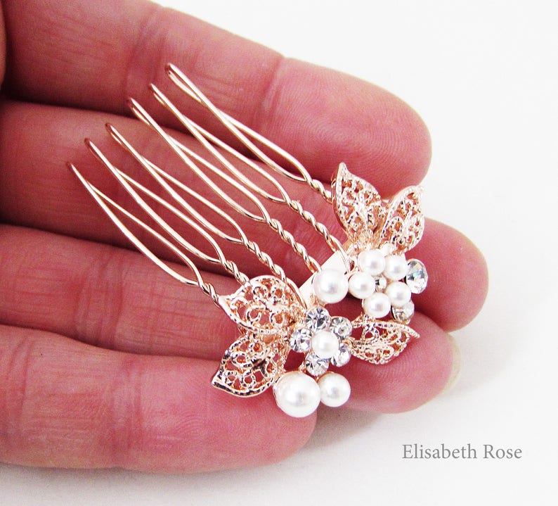 Small Rose Gold and White Pearl Hair Pin, Rose Gold Hair Comb for Wedding, Bridal Pearl Hair Comb, Small Rose Gold Hair Pins for Bridemaids image 5