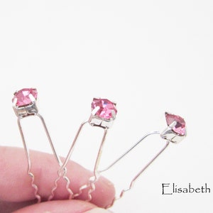 Set of 3 Pink Hair Pins, Pink Wedding Hair Pins, 3 Hair Pins, Pink Crystal Bridal Hair Pins, Pink and Silver Rhinestone Hair Pins for Bride