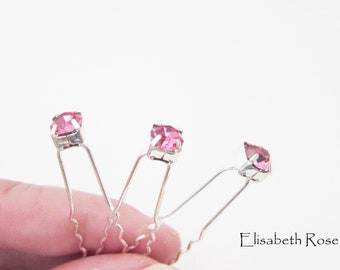 Set of 3 Pink Hair Pins, Pink Wedding Hair Pins, 3 Hair Pins, Pink Crystal Bridal Hair Pins, Pink and Silver Rhinestone Hair Pins for Bride