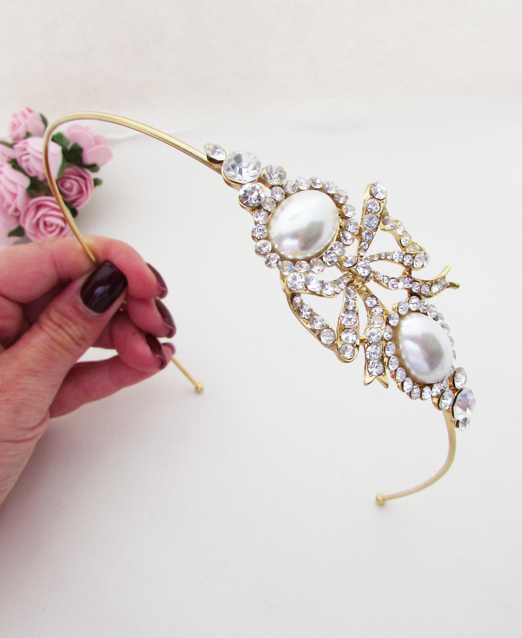 Gold Crystal & Pearl Wedding Hairband: Bridal Princess 