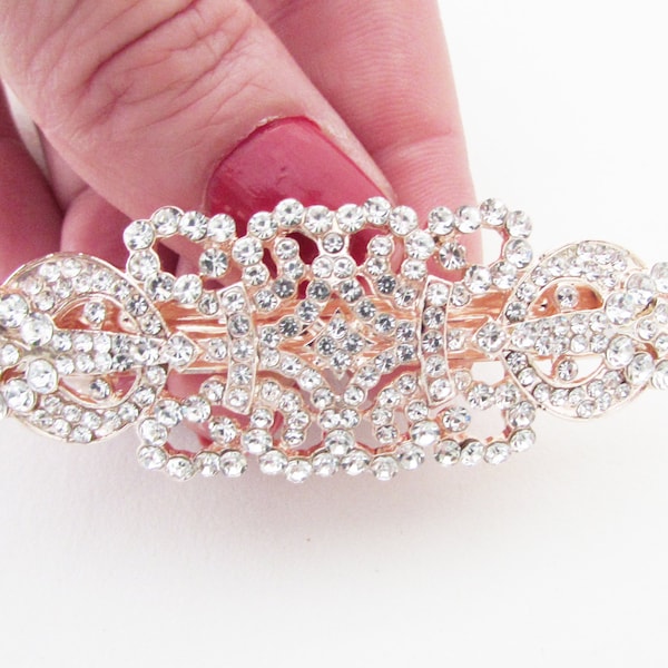 Crystal Hair Barrette, Rhinestone Hair Clip for Bride, Sparkly Rose Gold Wedding Day Hair Barrette, Bridal Simple Hair Clip, Art Deco Style