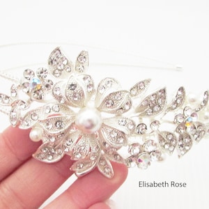 Silver Pearl Wedding Hairband, Crystal Side Hairband for Wedding, Pearl Bridal Headband, Wedding Day Hairband, Pearl Hairband