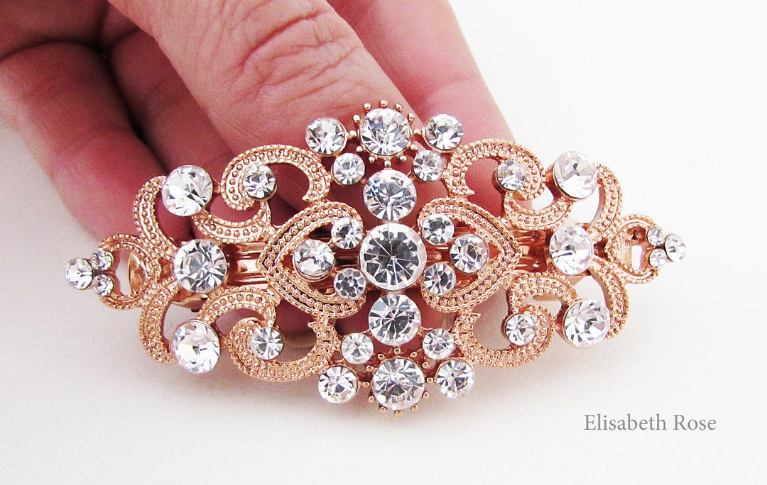 Rose Gold Hair Barrette, Rose Gold and Crystal Hair Clip for Bride