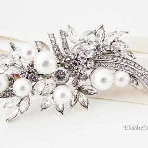 Rhinestone and White Pearl Bridal Hair Barrette, Crystal and Pearl Hair Clip for Bride, Wedding Day Hair Barrette, Bridal Pearl Hair Clip image 2