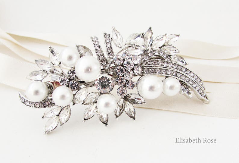 Rhinestone and White Pearl Bridal Hair Barrette, Crystal and Pearl Hair Clip for Bride, Wedding Day Hair Barrette, Bridal Pearl Hair Clip image 2