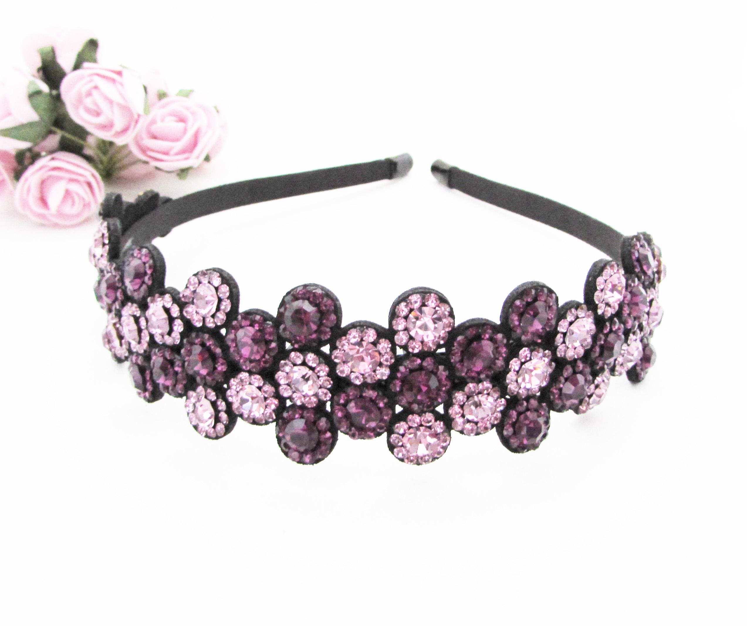 Rose Gemstone Embellished Statement Headband Fuchsia Rhinestone Headband: Crystal Jeweled Wedding  main image 4