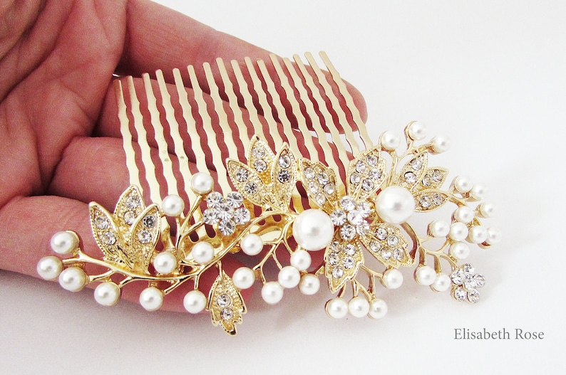 Pettine decorativo per capelli da sposa in oro, pettine per capelli in cristallo e perla per matrimoni, pettine per capelli da sposa in oro, pettine per capelli per il giorno del matrimonio, gioielli per capelli in oro immagine 3