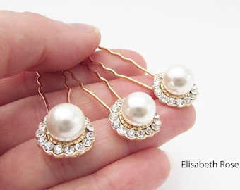 Set of 3 Pearl Hair Pins, Gold Pearl Wedding Hair Pins, 3 Gold Hair Pins, Pearl and Crystal Bridal Hair Pins, Gold Hair Pins for Bride