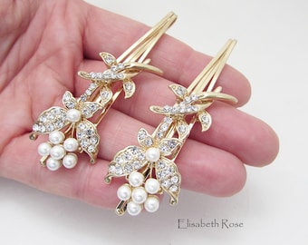 Floral Crystal Pearl Hair Clips: Bridal Wedding Hair Pins, Set of 2
