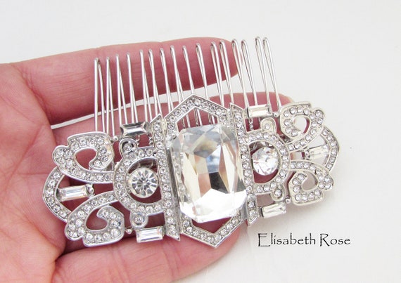 Art Deco Style Crystal Hair Comb: Silver Bridal Hair Slide