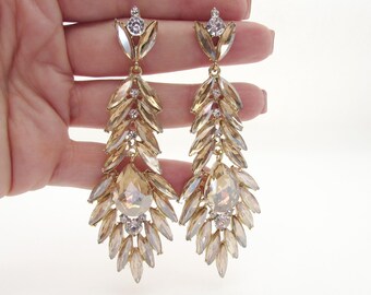 Champagne Colour Crystal Earrings, Big Chandelier Earrings, Wedding Party Jewellery