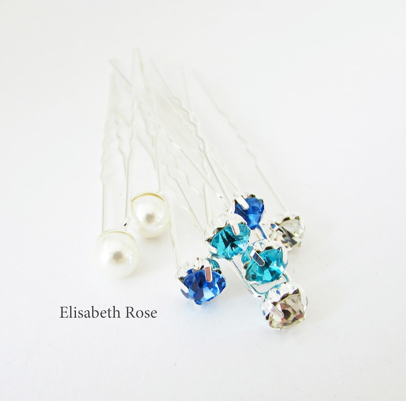 Blue Wedding Hair Pins Hair Pins for Beach Wedding Set of 8 Hair Pins 8 Hair Pins Crystal Bridal Hair Pins Blue Hair Piece