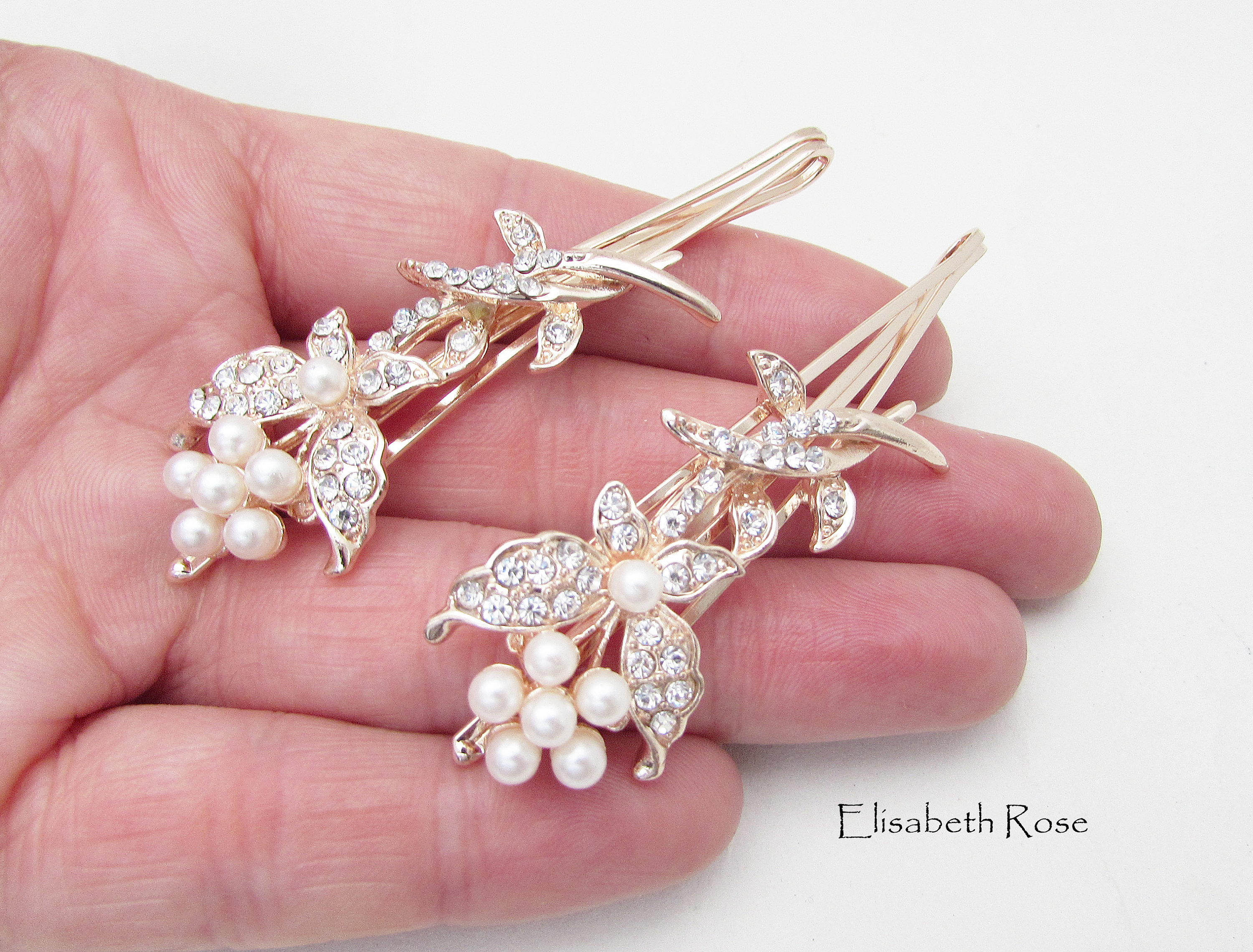 Rose Gold Floral Hair Clips: Pearl & Crystal Wedding Hair Pins