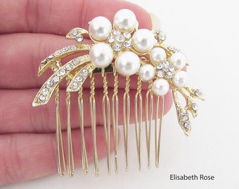 Small Gold Crystal and White Pearl Wedding Hair Comb, Gold Hair Jewellery for Wedding, Pearl Hair Comb, Small Gold Hair Comb