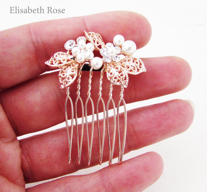 Small Rose Gold and White Pearl Hair Pin, Rose Gold Hair Comb for Wedding, Bridal Pearl Hair Comb, Small Rose Gold Hair Pins for Bridemaids image 4