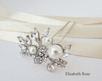 Crystal and Pearl Hair Pin, Decorative Pearl Hair Pin for Bride, Pearl Hair Pin for Bride, Silver Hair Pin, Bride Hair Pin