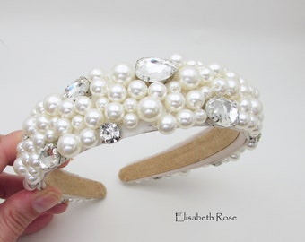 Pearl and Rhinestone Headband, Ivory White Hairband, Pearl Headdress Bridal Party, Headband for Wedding, Ivory Pearl Head Piece for Bride