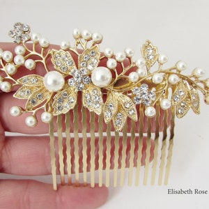 Pettine decorativo per capelli da sposa in oro, pettine per capelli in cristallo e perla per matrimoni, pettine per capelli da sposa in oro, pettine per capelli per il giorno del matrimonio, gioielli per capelli in oro immagine 1