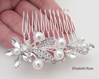 Small Crystal Wedding Hair Comb, Crystal and Pearl Hair Jewellery for Wedding, White Pearl Hair Comb, Wedding Hair Jewelry, Small Hair Comb