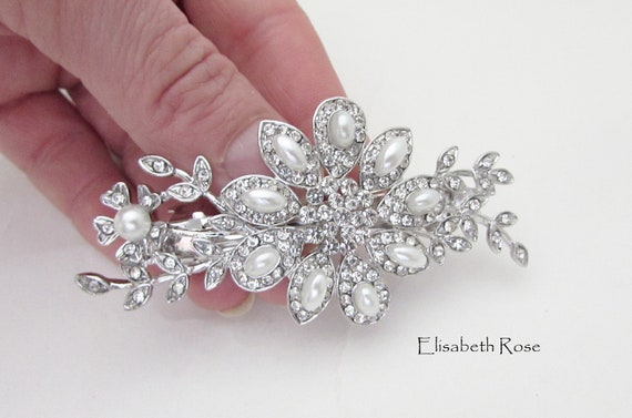 Silver Bridal Hair Barrette Crystal and Pearl Hair Clip for 