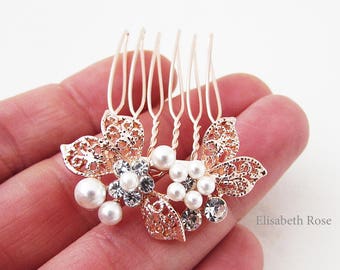 Small Rose Gold and White Pearl Hair Pin, Rose Gold Hair Comb for Wedding, Bridal Pearl Hair Comb, Small Rose Gold Hair Pins for Bridemaids